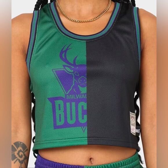 NWT Mitchell & Ness Women’s NBA Milwaukee Bucks Green/Black Crop Tank - Size XS - Picture 3 of 9